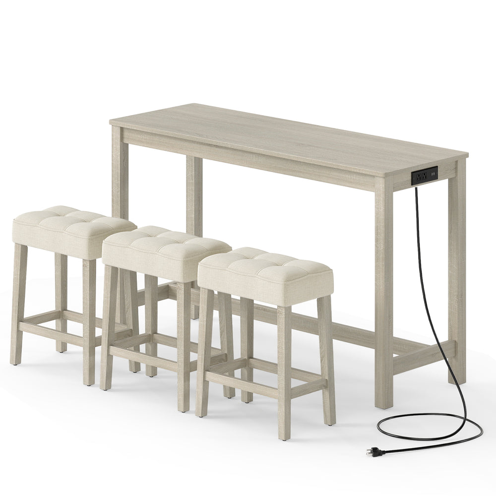 Gray counter height table with solid rubber wood legs, featuring space-saving design and comfortable upholstered stools.