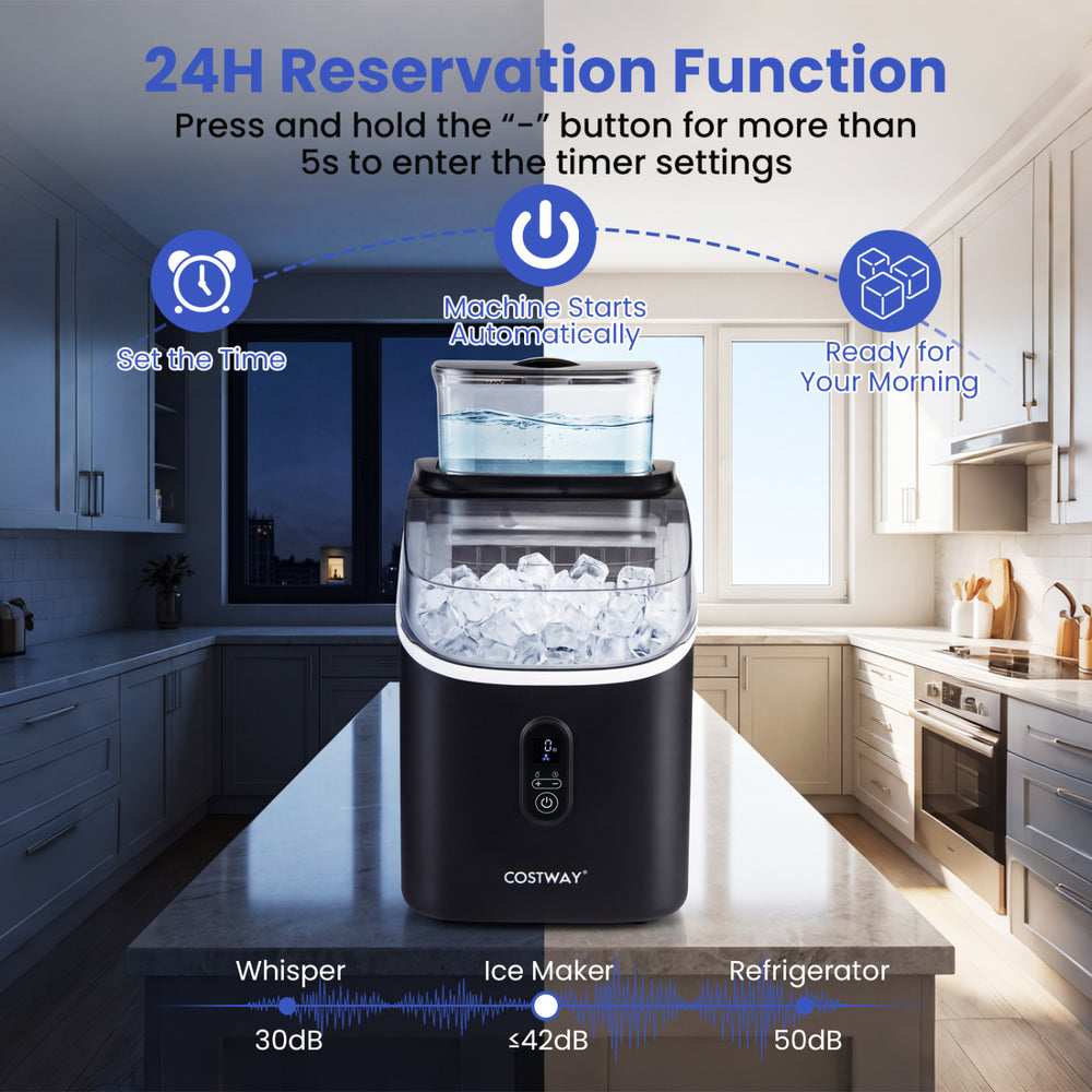 Countertop ice maker in black with external tank, 34 lbs/24H capacity, and 13 adjustable thickness levels for.