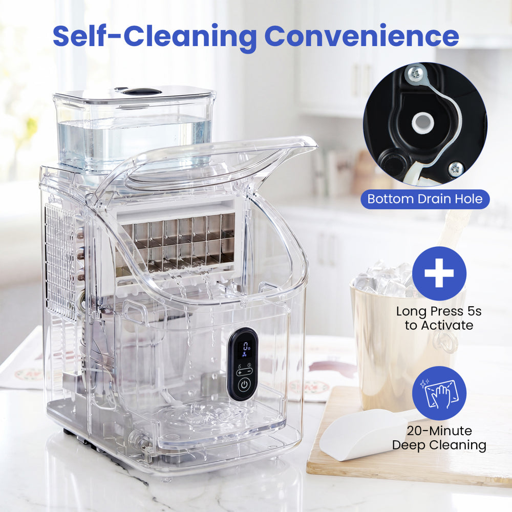 Countertop ice maker with self-cleaning feature, external tank, and 13 thickness levels for customized ice cubes.