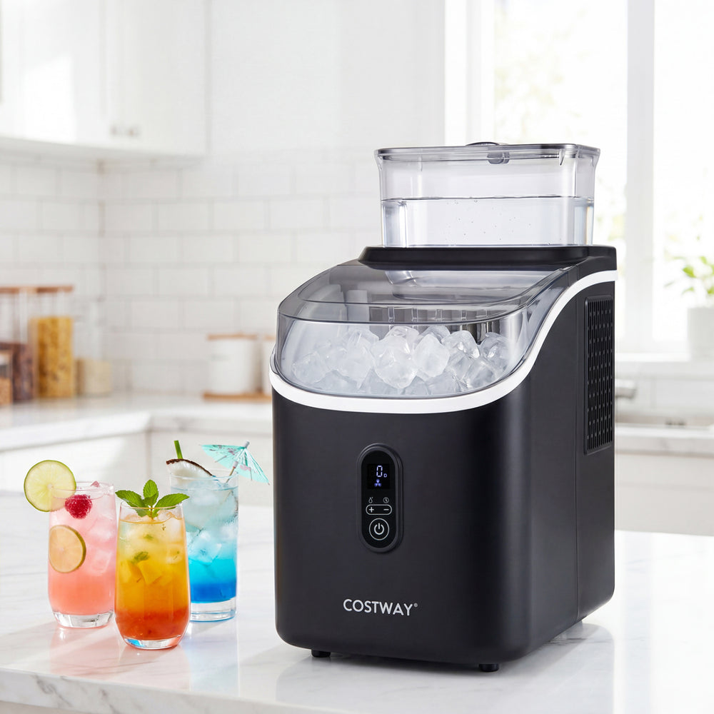 Countertop ice maker in black with external tank, producing 34 lbs of ice daily for refreshing drinks at home.