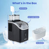 Countertop ice maker with external tank, ice scoop, and basket, featuring 13 thickness levels for customized ice cubes.