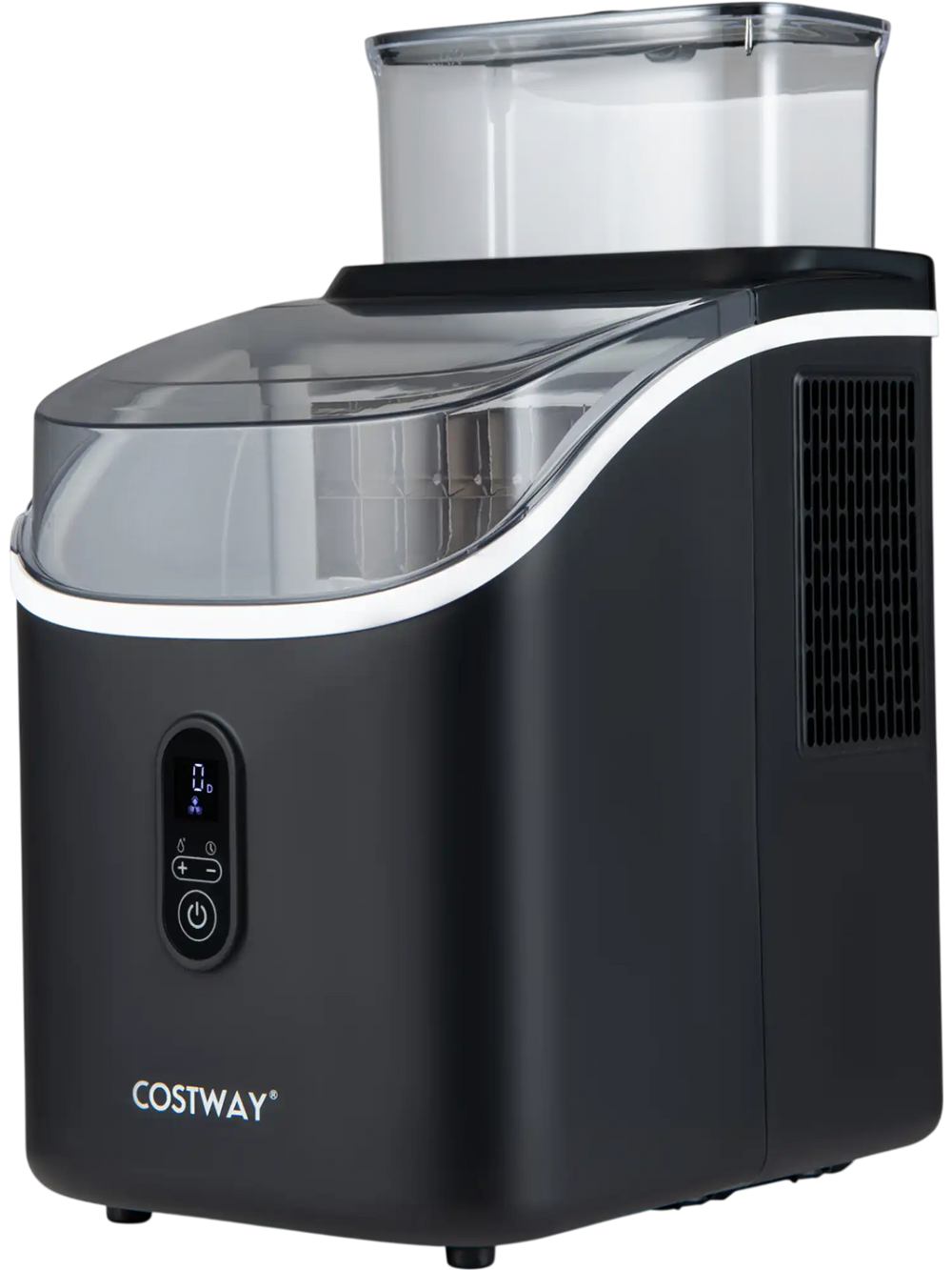 Countertop ice maker in black with external tank, 34 lbs/24H capacity, and 13 adjustable ice thickness levels.
