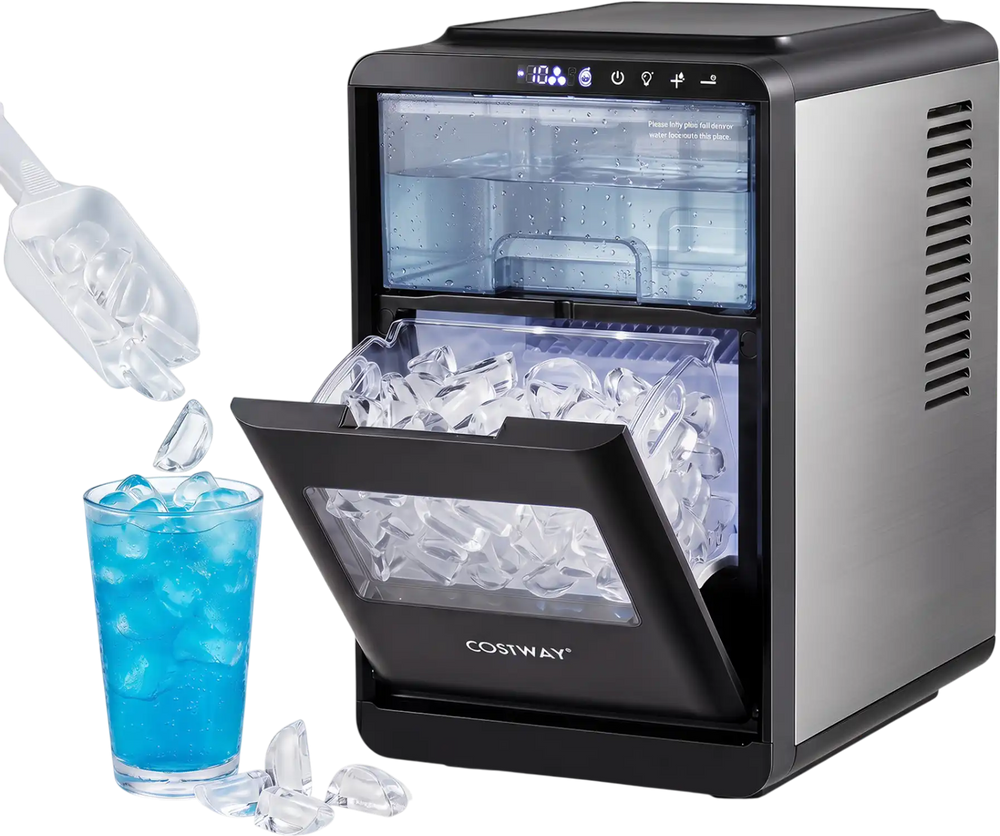 Crescent ice maker in black produces 26 lbs of crystal-clear ice daily, perfect for home bars and parties.