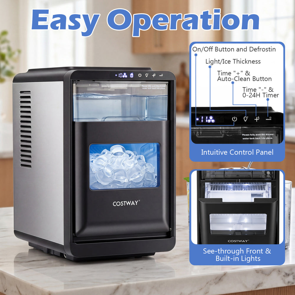 Crescent ice maker in black produces 26 lbs of clear ice daily with adjustable thickness and intuitive control panel.