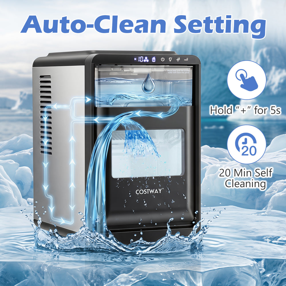 Crescent ice maker in black produces 26 lbs of clear ice daily with a 20-minute self-cleaning feature for easy maintenance.