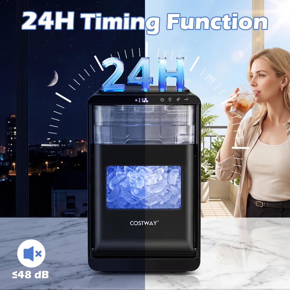 Crescent ice maker in black produces 26 lbs of ice daily with a 24-hour timer and adjustable thickness for drinks.