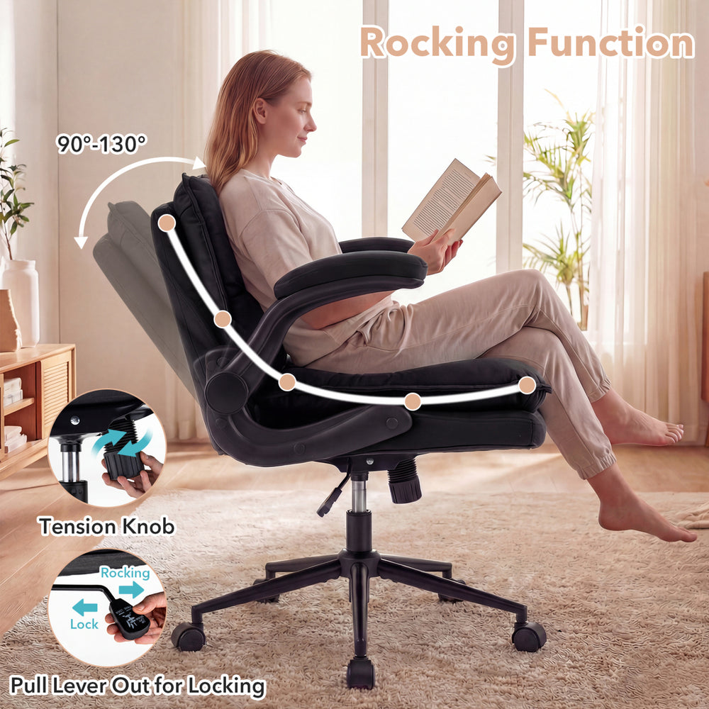 Adjustable gray Criss Cross chair with flip-up arms, rocking function, and overstuffed backrest for home office comfort.