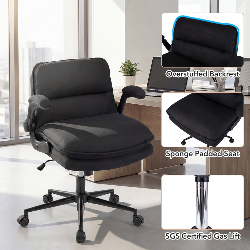 Gray Criss Cross chair with flip-up arms, overstuffed backrest, and sponge padded seat for home office comfort.