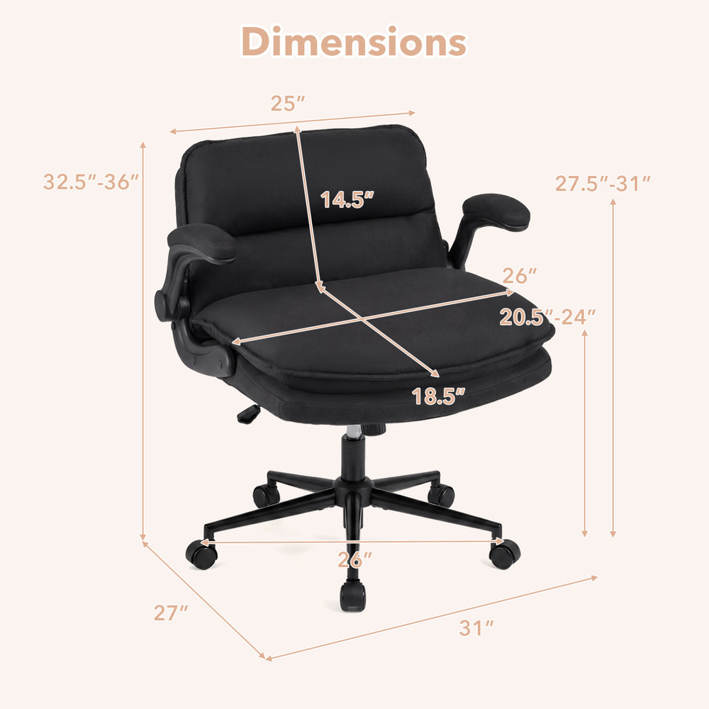 Dimensions of the Criss Cross Chair on Wheels, featuring adjustable height and flip-up arms for versatile use.