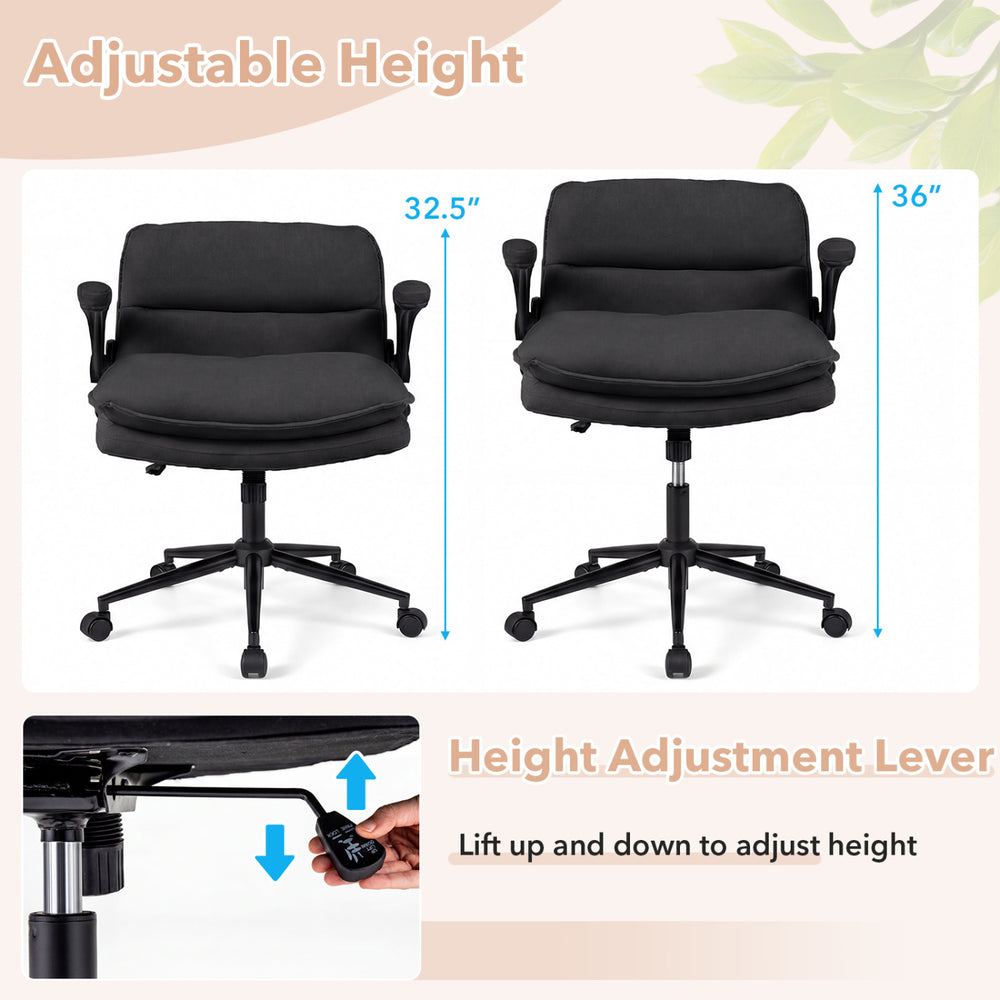 Adjustable height Criss Cross chair in gray with flip-up arms, featuring a padded seat and smooth faux leather cover.
