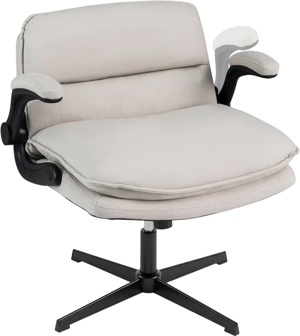 Beige Criss Cross ergonomic office chair with flip-up arms, adjustable height, and wide padded backrest.