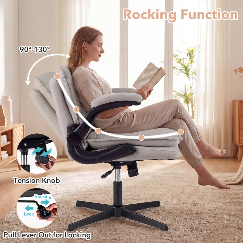 Ergonomic Criss Cross Chair in beige with adjustable height, wide backrest, and rocking function for office use.