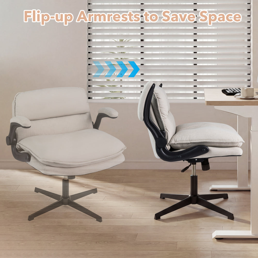 Ergonomic Criss Cross Chair in beige with flip-up arms, adjustable height, and wide backrest for office use.