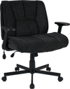 Wide black office chair with soft chenille fabric, airbag lumbar support, and adjustable height for all-day comfort.