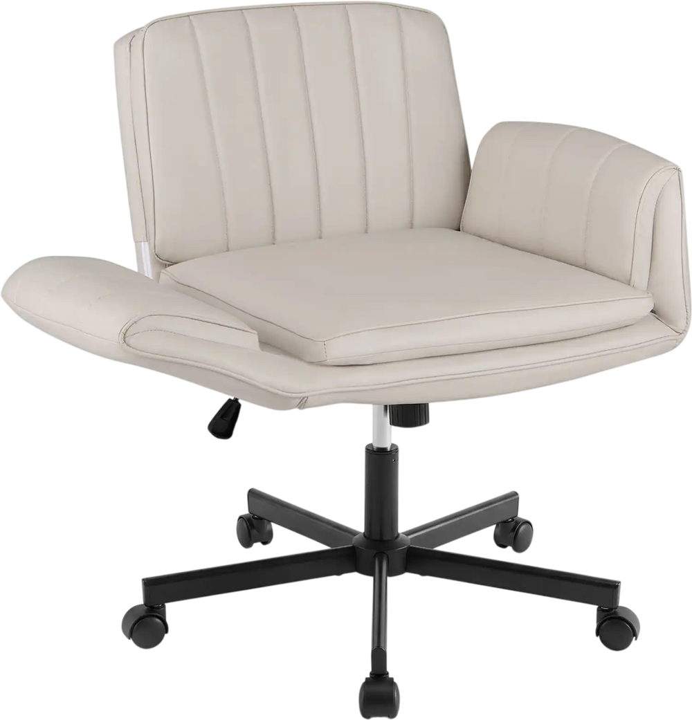 Beige Criss Cross office chair with adjustable arms, 360° swivel, and cushioned support for versatile seating comfort.