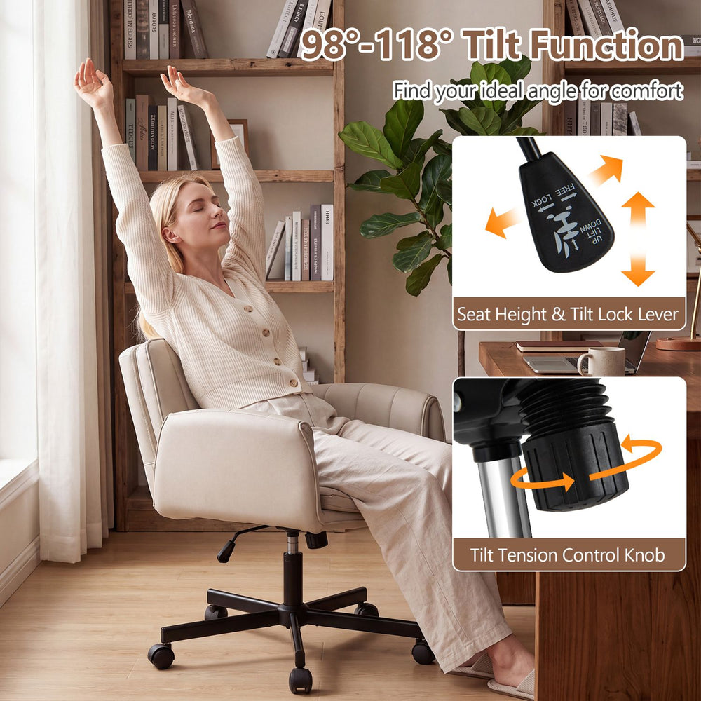 Beige Criss Cross Office Chair features a 98°-118° tilt function and adjustable arms for customized comfort while sitting.