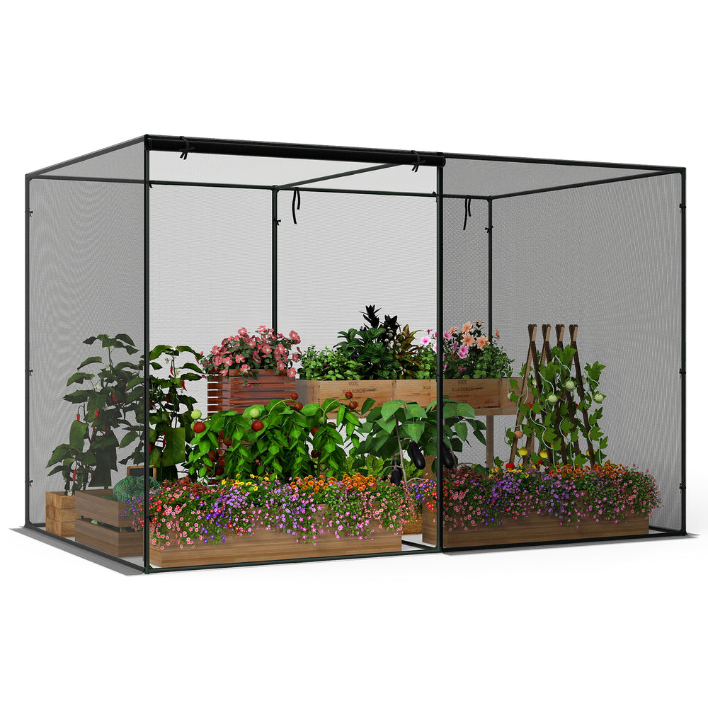 Large crop cage with tear-resistant mesh, 10 x 6.5 x 6.5 ft, protecting garden plants from birds and small animals.