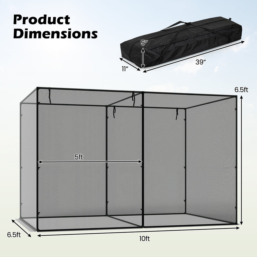 Crop cage dimensions of 10 x 6.5 x 6.5 ft with tear-resistant mesh, ideal for protecting garden plants from animals.