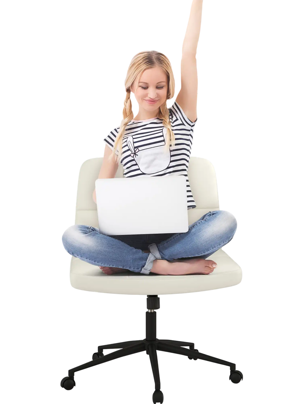 Height-adjustable armless desk chair in beige with wheels, featuring a supportive U-shaped cushion for home office use.
