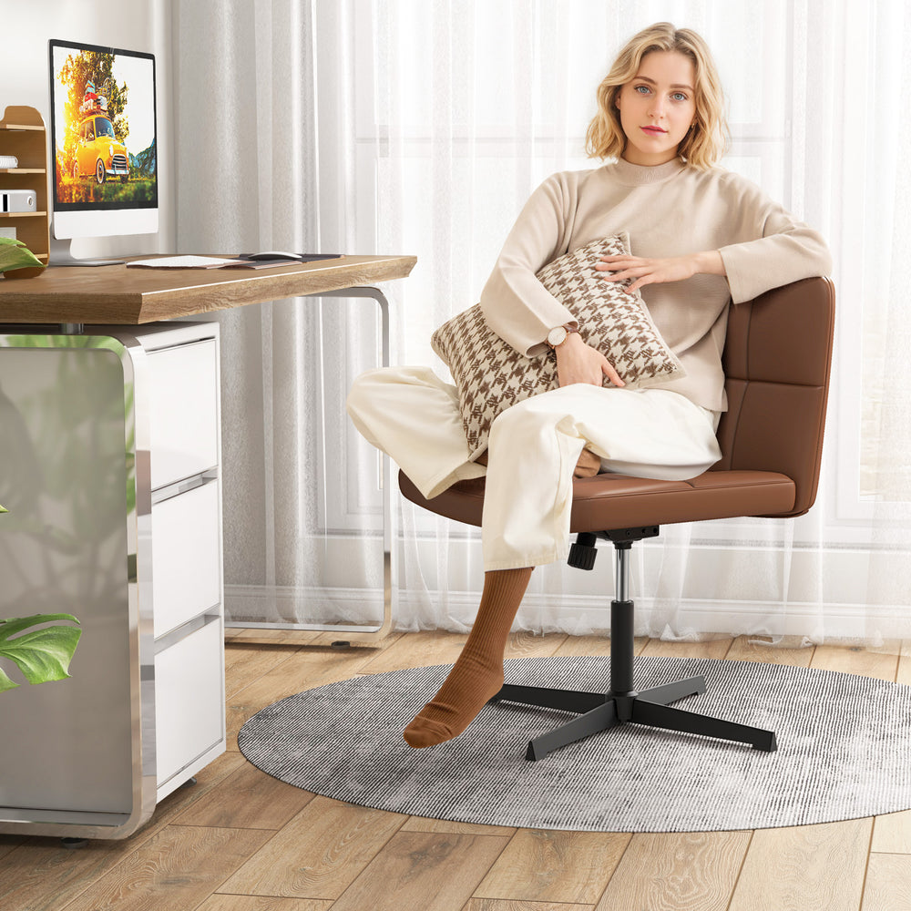 PU Leather Upholstered Cross-legged Office Chair with Oversized U-shaped Seat for Home Office Make Up-Brown - Gallery View 1 of 10