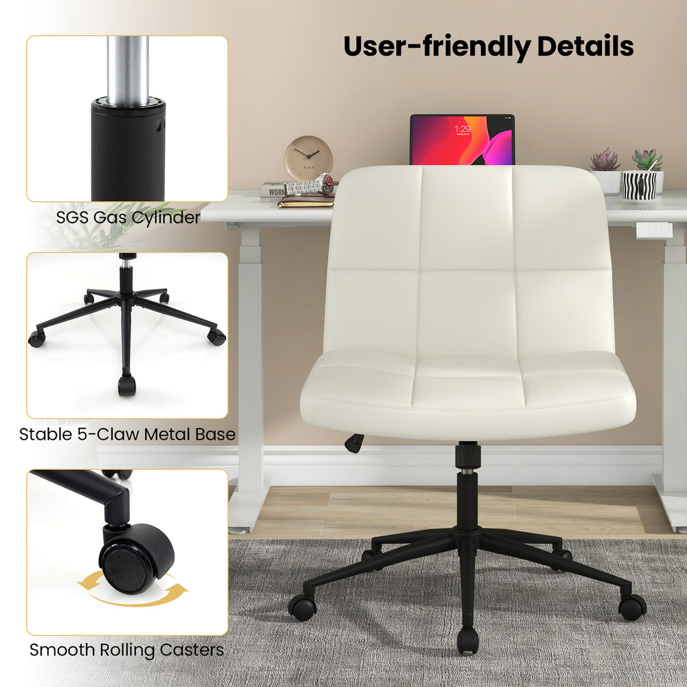 Height-adjustable armless desk chair in beige with a stable metal base, smooth rolling casters, and ergonomic design.
