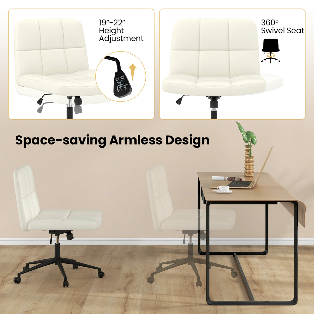 Height-adjustable beige armless desk chair with wheels, featuring a U-shaped cushion and ergonomic design for home.