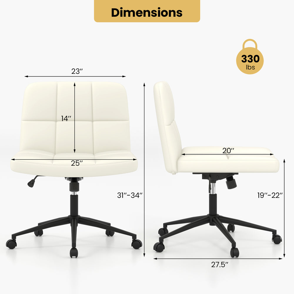 Height-adjustable armless desk chair in beige with a U-shaped cushion, 360° swivel, and smooth-rolling casters.