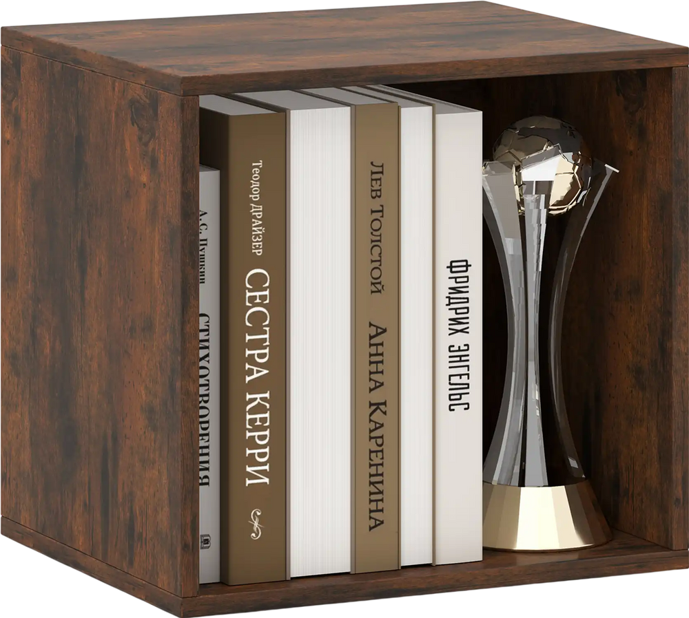 Rustic brown cube storage organizer showcasing books and a decorative trophy, ideal for living room or study use.