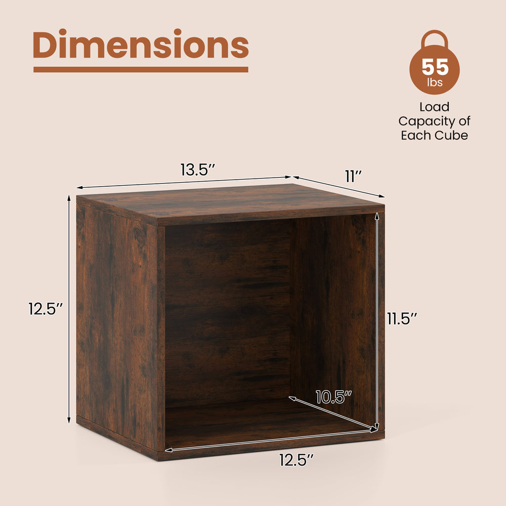 Rustic brown cube storage organizer with dimensions, featuring a stackable design for versatile home organization.