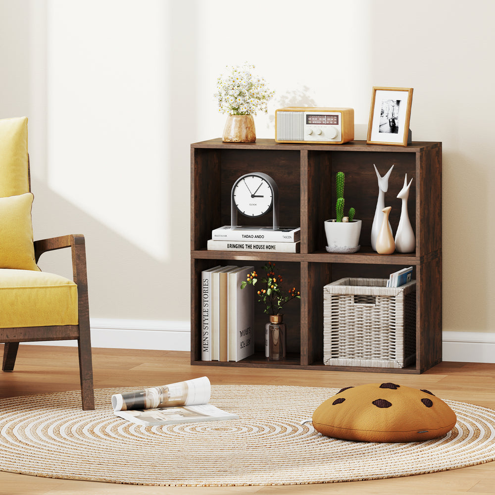 Rustic brown cube storage organizer with open shelving, perfect for maximizing space in living rooms or studies.