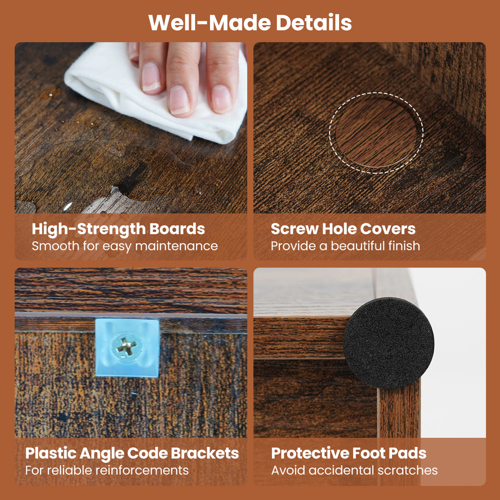 Close-up of the Cube Storage Organizer's screw hole covers and protective foot pads in rustic brown for easy.