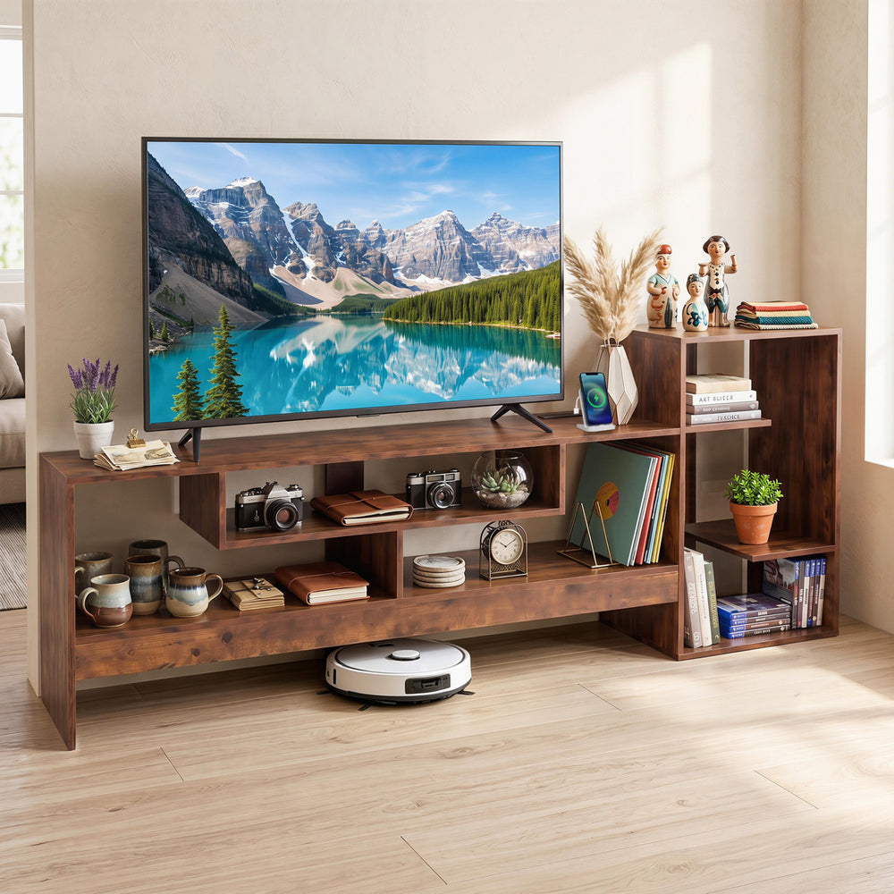 Cube TV stand in rustic brown for 55-inch TVs, featuring open storage shelves and convenient power outlets.