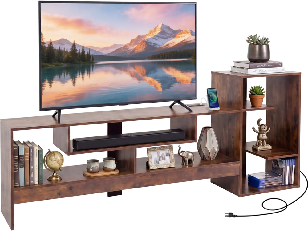 Cube TV stand in rustic brown for 55-inch TVs, featuring open storage shelves and built-in power outlets.