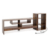 Cube TV stand in rustic brown with open storage shelves, designed for 55-inch TVs and equipped with power outlets.