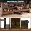 Cube TV stand in rustic brown with open storage shelves, anti-falling baffles, and non-slip foot pads for stability.