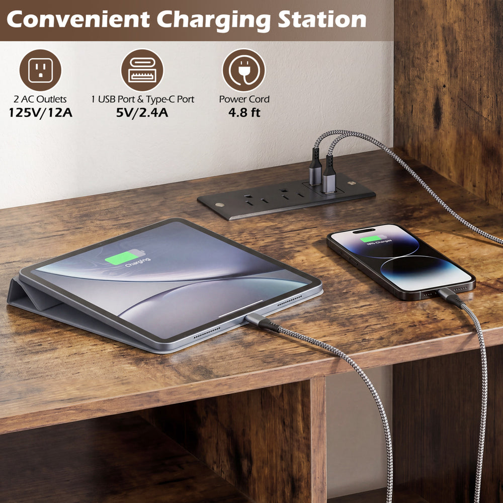 Charging station on the Cube TV Stand with power outlets, ideal for connecting devices while watching TV.