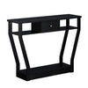 Curved frame modern console table in black with a storage drawer and open shelf, perfect for entryway organization.
