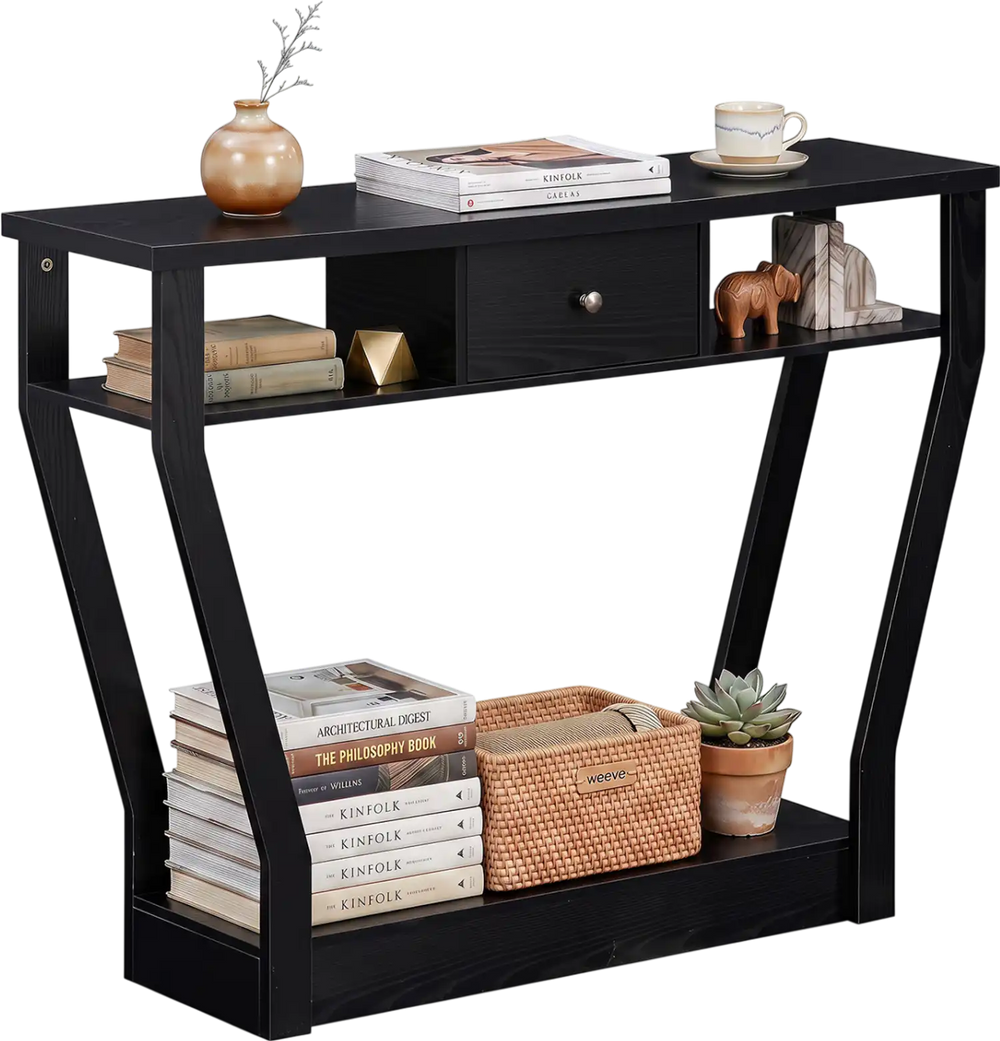Curved frame modern console table with lower shelf and drawer, showcasing stylish storage and display options for entryways.