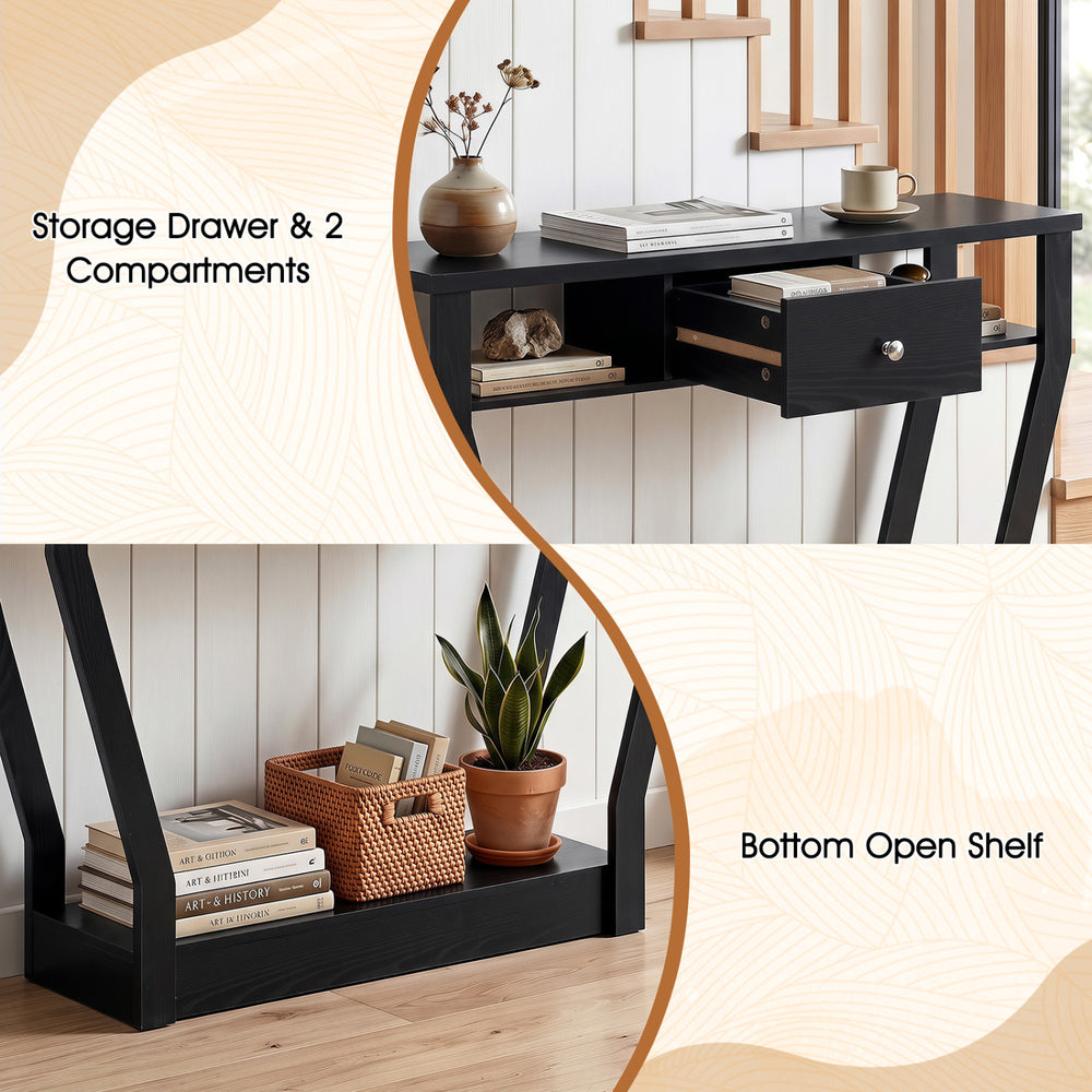 Curved frame modern console table featuring a storage drawer and bottom open shelf for stylish entryway organization.