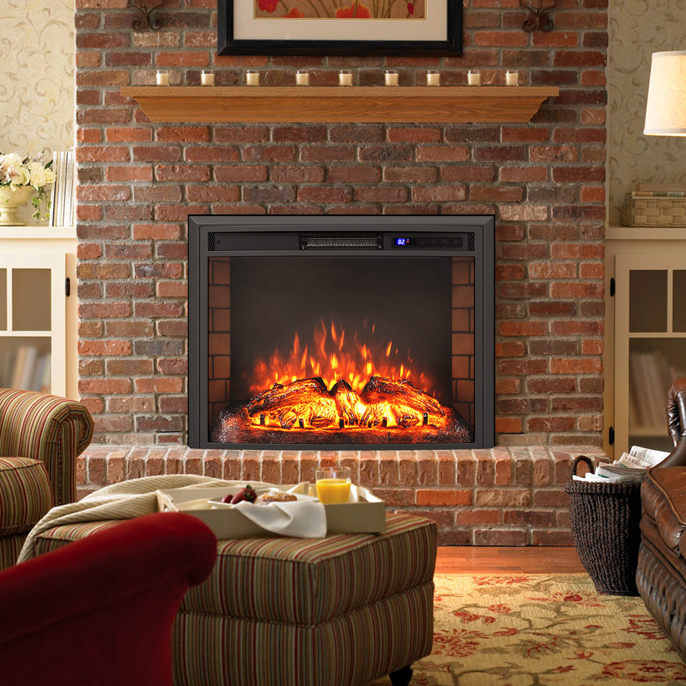 Curved recessed electric fireplace insert with adjustable flame colors, remote control, and overheat protection for.