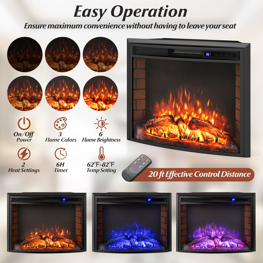 Curved recessed electric fireplace insert with customizable flame brightness and colors, perfect for small room.