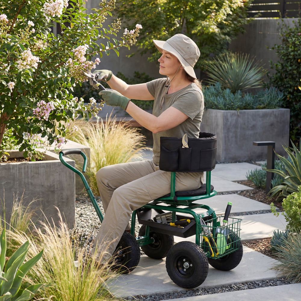 Cushioned Rolling Garden Cart Scooter with Storage Basket and Tool Pouch-Green - Gallery View 1 of 10