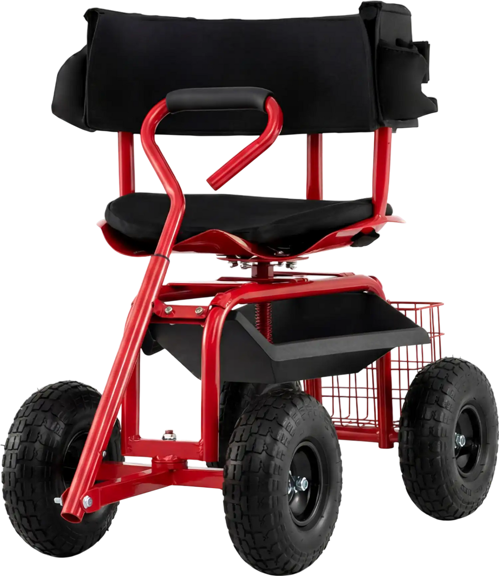 Cushioned rolling garden cart scooter in red and black with storage basket, ergonomic seat, and 10" pneumatic tires.