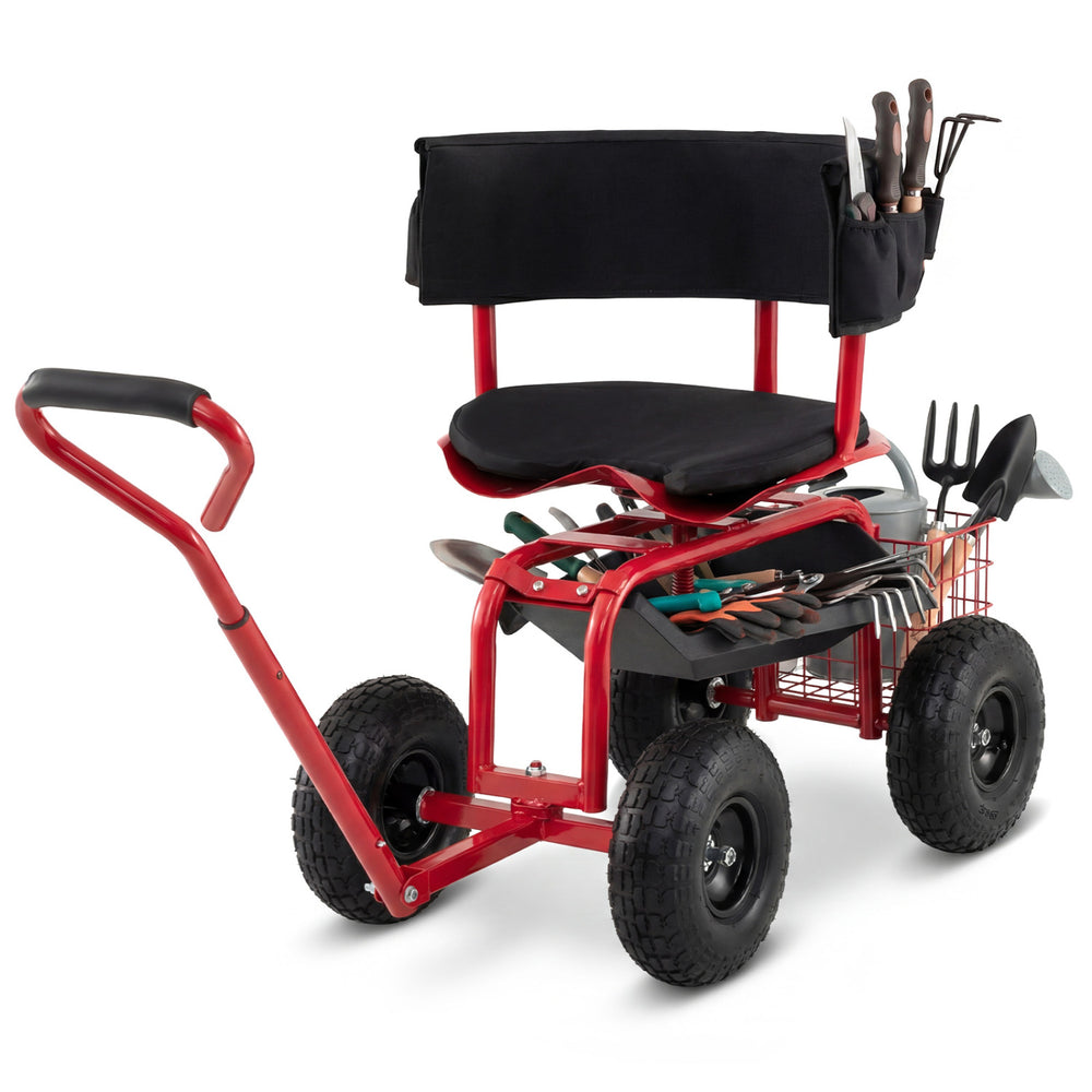Cushioned rolling garden cart scooter in black and red with storage basket, tool pouch, and 360° swivel seat for.