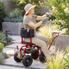 Cushioned rolling garden cart scooter in black and red, featuring a storage basket and tool pouch for easy gardening.