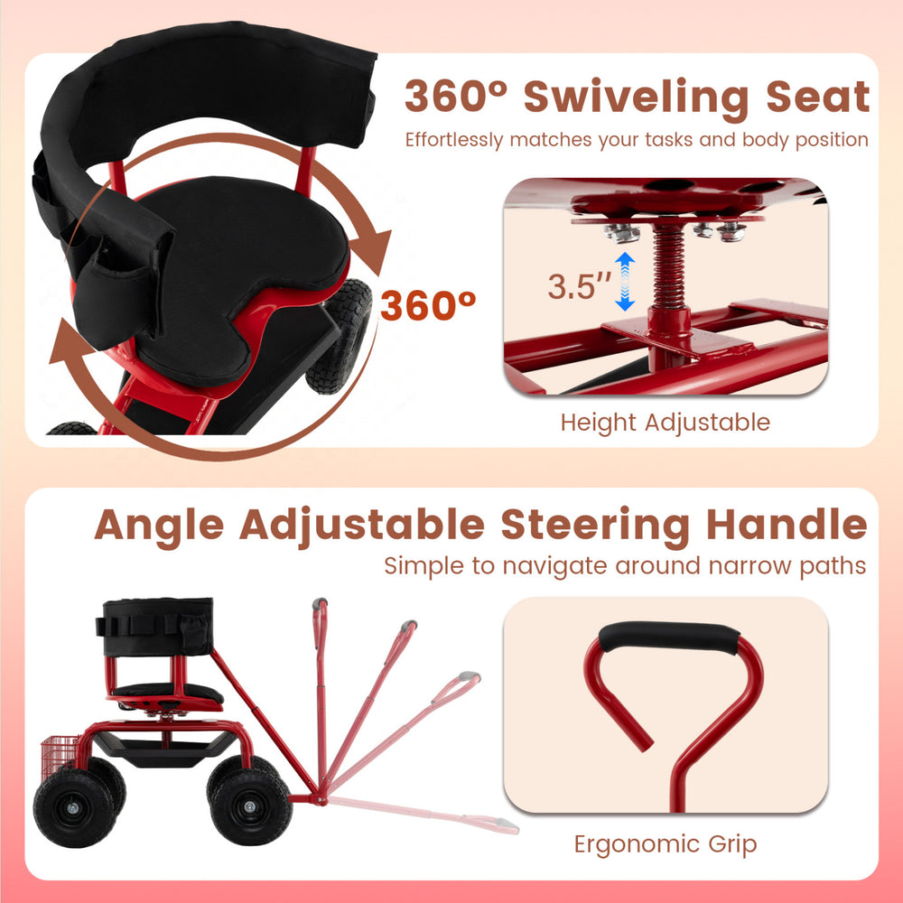 Cushioned rolling garden cart scooter with 360° swivel seat, adjustable height, and ergonomic handle for easy.
