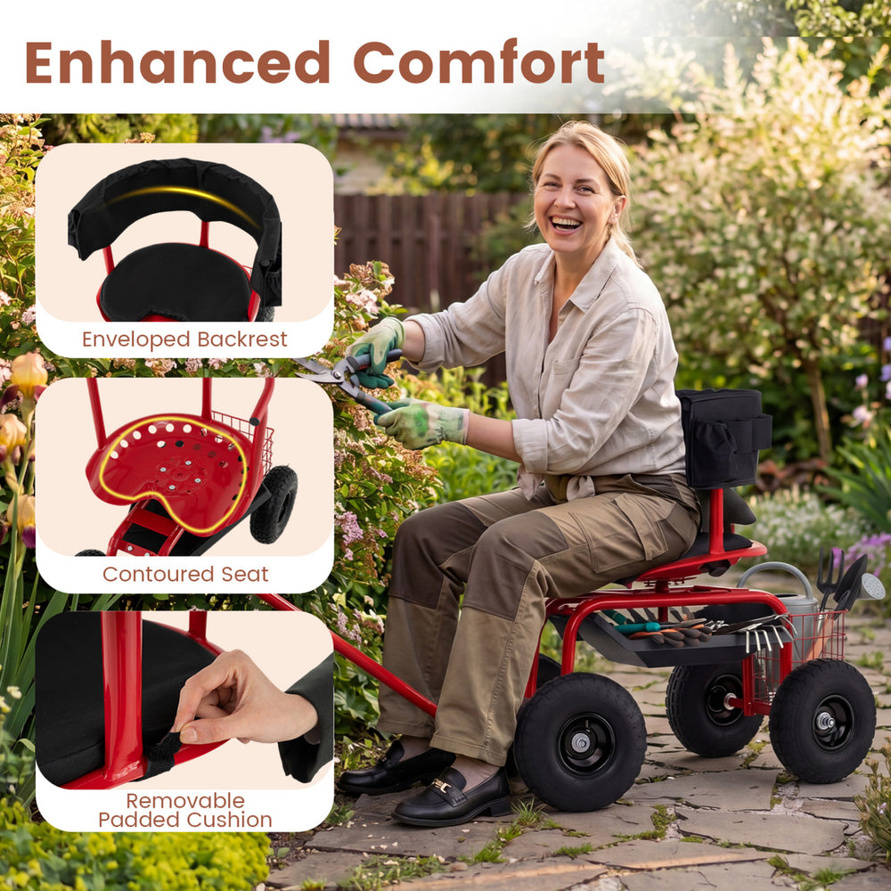 Cushioned rolling garden cart scooter in black and red, featuring a contoured seat and storage basket for gardening.