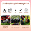 Cushioned rolling garden cart scooter with storage basket and tool pouch, featuring under seat storage and rear tool.