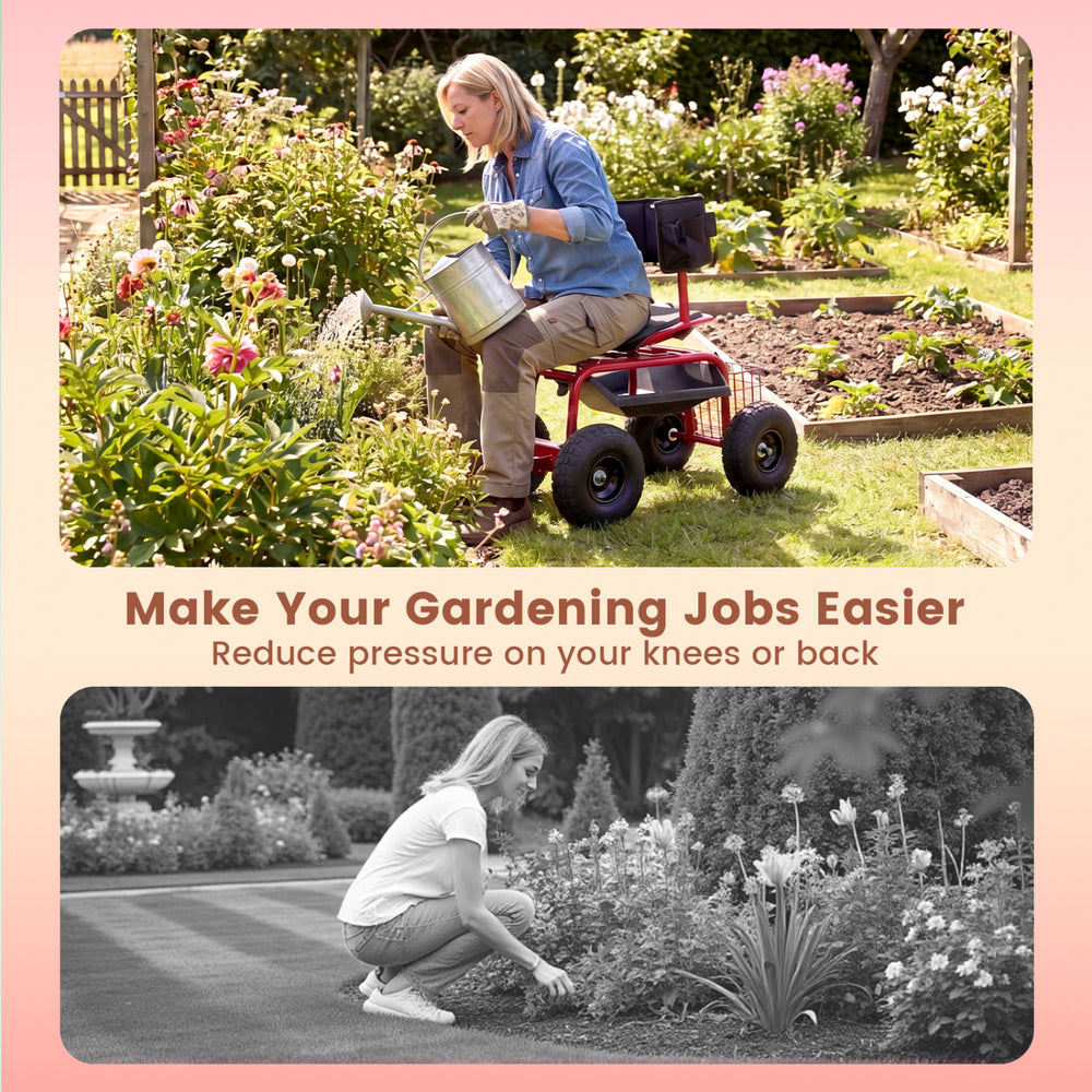 Cushioned rolling garden cart scooter in black and red with storage basket, designed for comfortable gardening tasks.