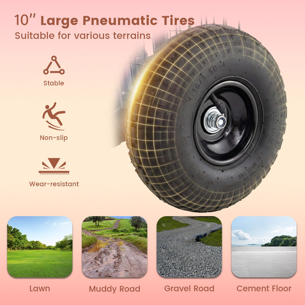 10" large pneumatic tires with deep patterns for the Cushioned Rolling Garden Cart, ensuring stability on various.
